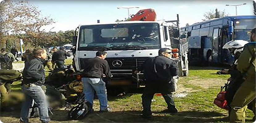 الشاحنة التي تم تنفيذ عملية الدهس بها قرب القدس المحتلة بعد ظهر الاحد 8/1/2017