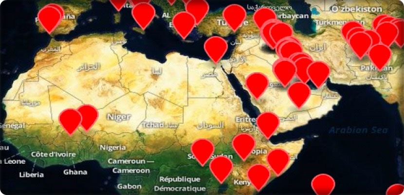 صورة من محرك البحث جوجل للتواجد العسكري الأمريكي في الدول العربية والأفريقية والخليج